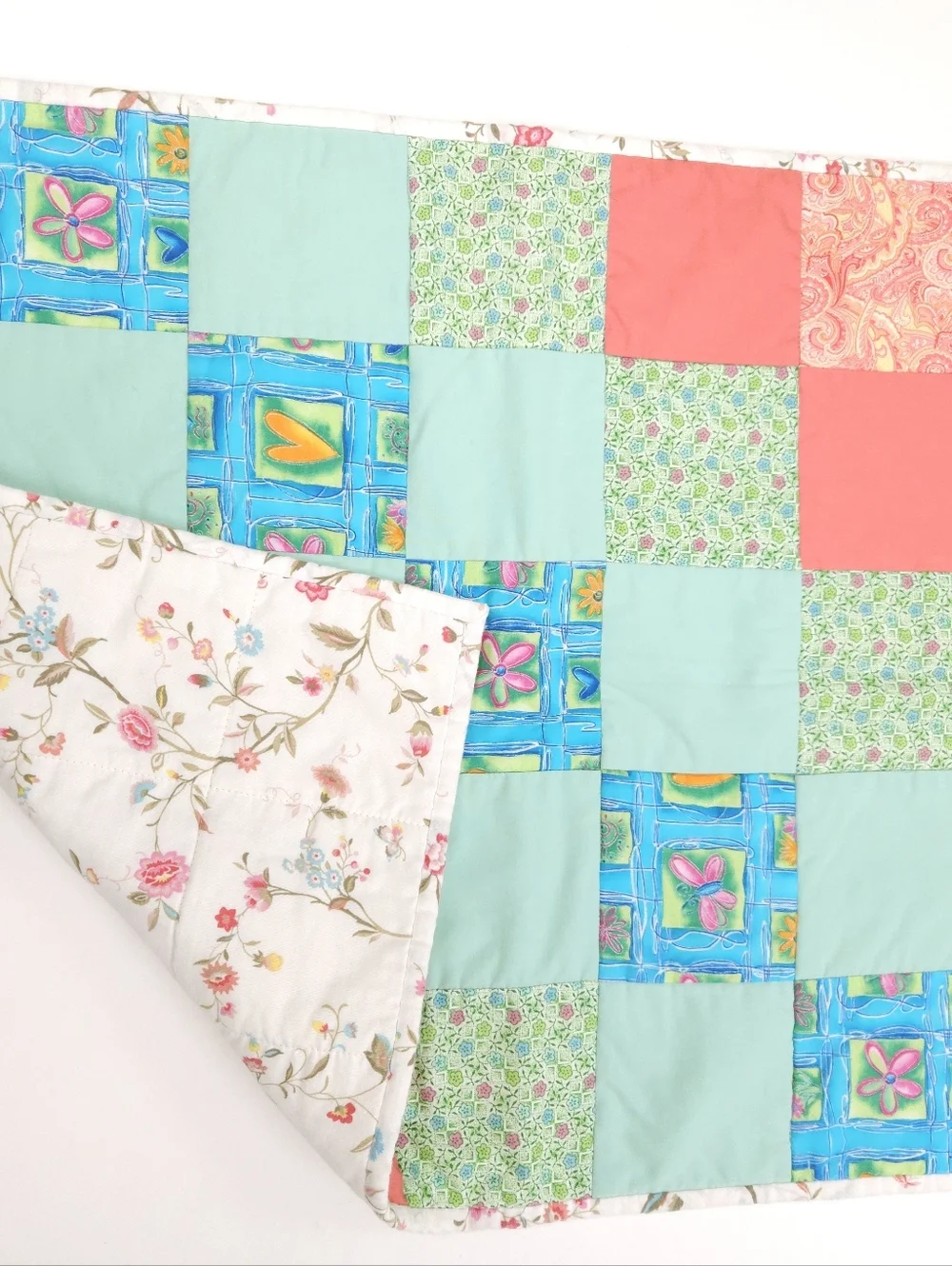 Handmade Patchwork Bright Colorful Cotton Play Lap Quilt 30x22 Inches